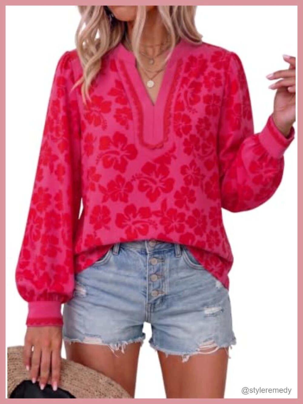 Womens Boho V Neck Long Sleeve Blouse with Scalloped Trim